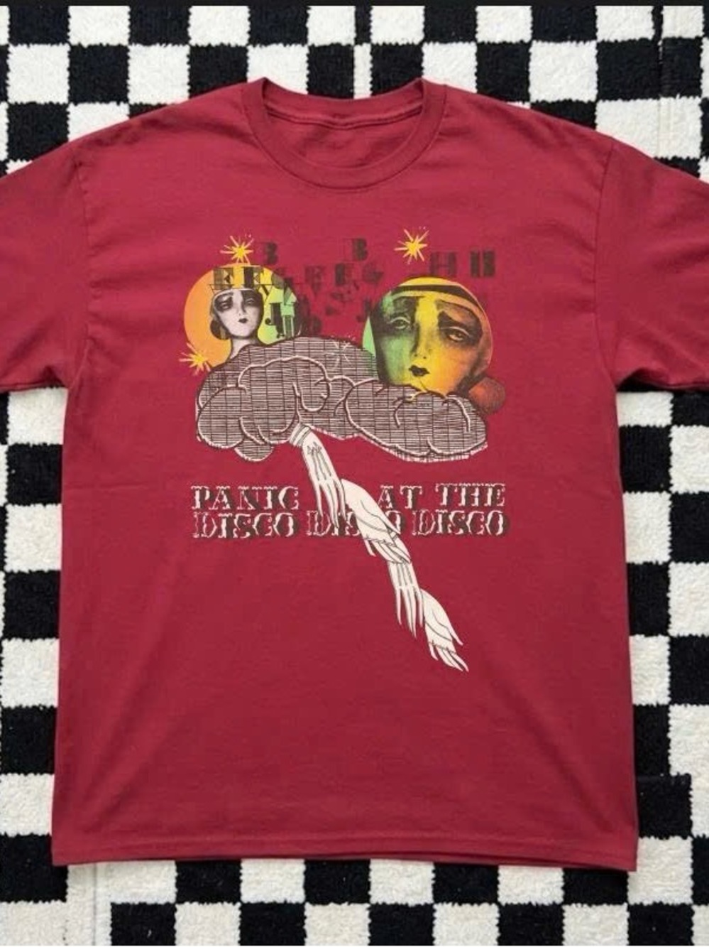 Women's Short Sleeve Graphic Tee in Burgundy with Yellow & Green Print